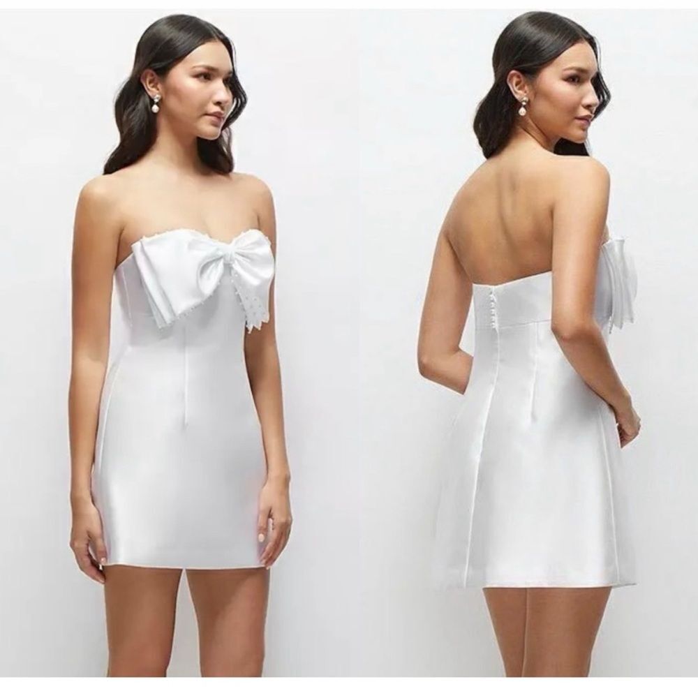 Alfred Sung Oversized Bow Strapless Little White Mini Dress with Pearl Accents 2